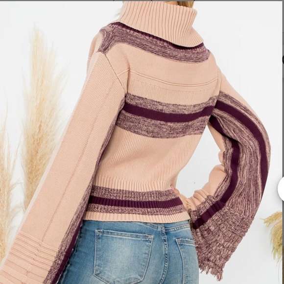 10 Wide Turtleneck Long Flare Sleeve Stripe Ribbed Knit Sweater Top - Picture 2 of 3